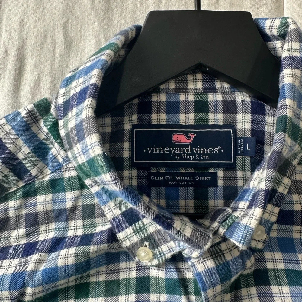 Vineyard Vines Blue and Green Checkered Slim Fit Whale Shirt